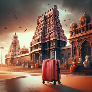 Изображение (не иллюстрация) только в очень реалистичном кинематографическом стиле. На изображении должен присутстовать красный туристический чемодан на колесиках. На изображении не должно быть людей.. Тема изображения: Что посмотреть в Ченнаи за 1 день, Индия
