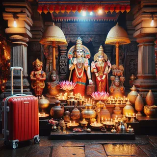 Красный туристический чемодан на колесиках стоит возле богатого ритуального сооружения в окружении традиционных индуистских атрибутов, двух ярко раскрашенных статуй с лотосами в руках и множеством ламп, освещающих каменный пол храма в сумеречном освещении, наполненного полезовскими ароматами ладана, ритуальные предметы на алтаре и инструменты для проведения церемоний подчеркивают атмосферу древнего ритуала