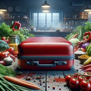 макросъемка высокой четкости красного туристического чемодана на деревянном столе, окруженного свежими овощами и специями на фоне кухни, в максимально гиперреалистичном кинематографическом стиле