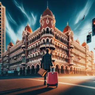 Кинематографическое изображение Ченнаи с красным чемоданом на колесиках на фоне впечатляющего здания в стиле южно-индийской архитектуры под ярким голубым небом