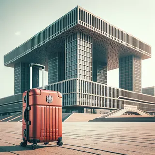 Кинематографическое изображение красного туристического чемодана на колесиках, стоящего у здания департамента полиции в Астане