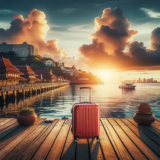Красивый вид на городской пейзаж и живописный закат на пирсе Бали Хай с красным туристическим чемоданом на переднем плане