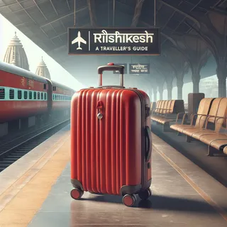 Изображение в очень реальном стиле. На нём должен присутстовать красный туристический чемодан. На изображении не должно быть ни одного человека.. Тема изображения: Как добраться до Ришикеша: Руководство для путешественников