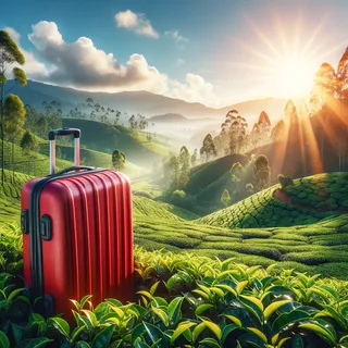Крупный красный туристический чемодан на фоне чайной плантации на Шри-Ланке, залитой ярким солнечным светом