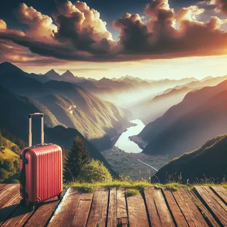 Очень реалистичный кинематографический стиль изображения национальных склонов в Сербии, образ которого включает в себя красный туристический чемодан на колесиках, установленный на фоне захватывающего вида. Без людей, в очень реалистичном стиле.