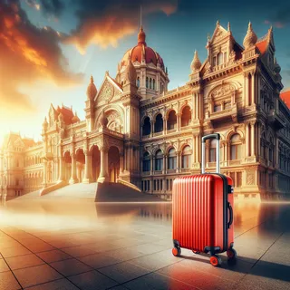 Фотография роскошной исторической архитектуры с участием красного туристического чемодана на колесиках на переднем плане, залитая теплым солнечным светом