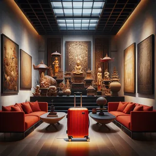 Роскошный арт-салон с красным туристическим чемоданом на фоне традиционных балийских артефактов, освещенных мягким светом