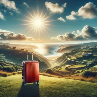 Фотография красного чемодана на колесах на фоне живописного пейзажа Португалии, с ярким солнцем и облачным небом
