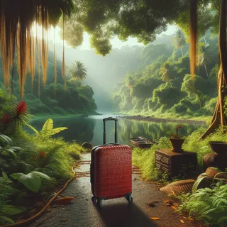 Изображение (не иллюстрация) только в очень реалистичном кинематографическом стиле. На изображении должен присутстовать красный туристический чемодан на колесиках. На изображении не должно быть людей.. Тема изображения: Заповедник Котигао Гоа, Индия