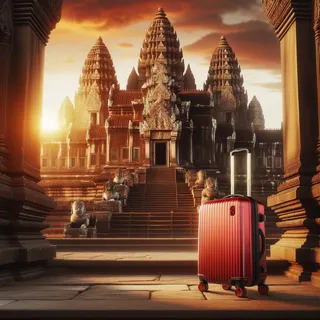Красный туристический чемодан на колесиках на фоне величественного храма с древней архитектурой и мистической атмосферой