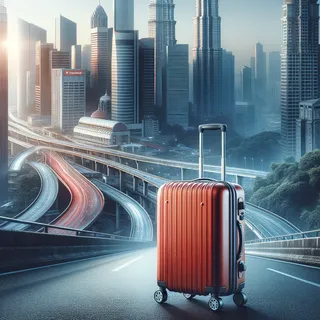 Кинематографическое изображение, показывающее красный туристический чемодан на колесиках, стоящий на фоне города с высотными зданиями и дорогами, без людей, максимальный гиперреализм, акцент на детальность и четкость