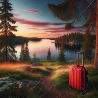 Шведский ландшафт с видом на озеро и красный туристический чемодан на колесиках на фоне заката