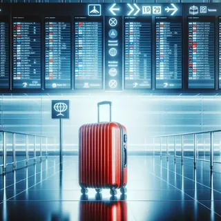 Изображение красного чемодана на фоне аэропорта, с информационными табло и указателями, чтобы передать тему условий безвизового транзита