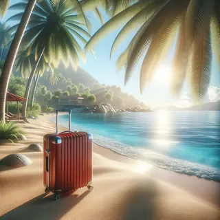 Настоящий кинематографический пляж с красным туристическим чемоданом на колесиках, стоящим на песке под пальмами, с лазурной водой на фоне и ярким солнечным освещением