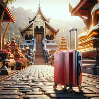 Изображение (не иллюстрация) только в очень реалистичном кинематографическом стиле. На изображении должен присутстовать красный туристический чемодан на колесиках. На изображении не должно быть людей.. Тема изображения: Буддизм, обычаи и культура Чиангмая: Путеводитель по традициям и духовным практикам