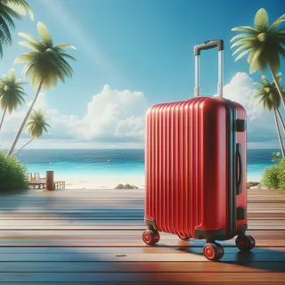 Крупный план реалистичного красного туристического чемодана на колесиках, стоящего на фоне тропического пляжа с пальмами и океаном, снятого в кинематографическом стиле, без людей, яркий солнечный день, голубое небо