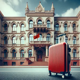 Кинематографическая сцена с красным туристическим чемоданом на колесиках возле величественного здания посольства США