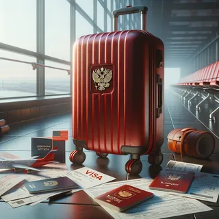 Изображение (не иллюстрация) только в очень реалистичном кинематографическом стиле. На изображении должен присутстовать красный туристический чемодан на колесиках. На изображении не должно быть людей.. Тема изображения: Какие документы нужны для визы в США для россиян?