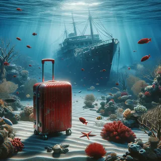 Кораблекрушение на морском дне с красным туристическим чемоданом на колесиках на переднем плане, окруженное экзотическими рыбами и яркими кораллами, в реалистичном кинематографическом стиле