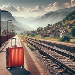 На фоне балканских пейзажей красный туристический чемодан стоит на железнодорожной платформе, окружённый путевыми дорожками, ведущими к Лесковцу