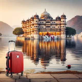 Красный чемодан на колесиках на фоне великолепного Плавучего дворца в India на озере Пичола, отраженного в спокойных водах, при вечернем свете и в окружении роскошной природы