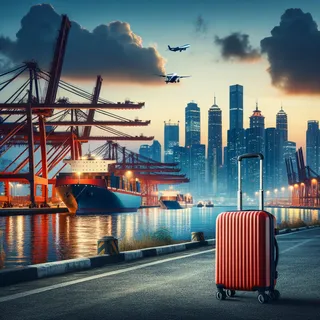 Красный чемодан на колесиках стоит на фоне городского пейзажа крупного порта с контейнерными кранами, небоскребами и морем с торговыми судами, под вечерним небом, снято в кинематографическом стиле