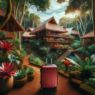 Роскошный эко-курорт на Бали, окруженный тропическим лесом, с красным чемоданом на переднем плане