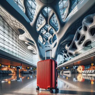 Изображение красного туристического чемодана внутри современного аэропорта с уникальными архитектурными элементами и инсталляциями