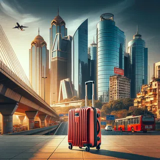 Кинематографическое изображение красного туристического чемодана на колесиках, стоящего перед небоскребами и деловыми зданиями модернового Дели, с мостами и автобусами на фоне