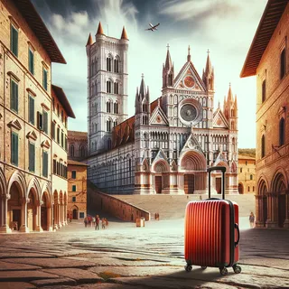 Живописный пейзаж площади средневекового итальянского города с красным туристическим чемоданом на колесиках, стоящим у величественного собора.