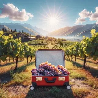 Виноградные плантации в Грузии с видом на горы с солнечным небом, под ногами красный туристический чемодан на колесиках, наполненный виноградными гроздьями