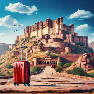 Пейзаж Форта Мехрангарх в Джодхпуре, Индия, под ярким голубым небом, акцент на красном туристическом чемодане на колесиках у подножия крепости