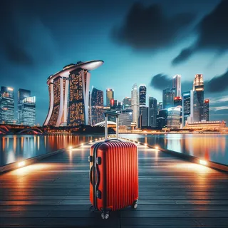 Красный туристический чемодан на фоне современного города Сингапур в вечернее время, с видом на высокие небоскребы и знаменитый отель Marina Bay Sands
