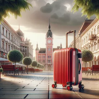 Реалистичное кинематографическое изображение красного туристического чемодана на колесиках, стоящего на площади Свободы в Зренянине, в окружении архитектурных зданий и зелёных деревьев