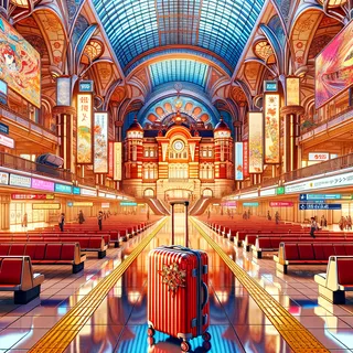 Величественный вокзал с красным чемоданом в футуристическом интерьере токийского вокзала в стиле аниме, яркие вывески, экзотический декор