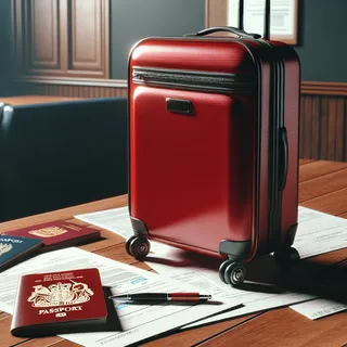 Реалистичное изображение красного туристического чемодана на фоне паспорта и документации, лежащих на столе в консульстве