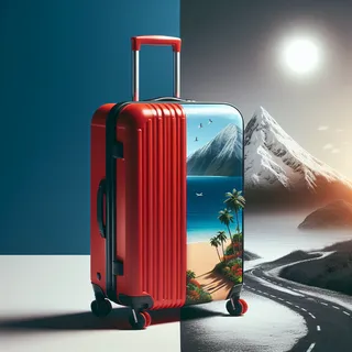 Реалистическое изображение красного туристического чемодана на колесиках на фоне необычного пейзажа - тропического пляжа под ярким солнцем и пальмами на одном краю, и заснеженного пика горы на другом, без людей
