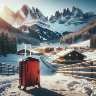 Фотография красного туристического чемодана на колесиках, стоящего на фоне живописного горного курорта, покрытого снегом, с окружающими его величественными горами в кинематографическом стиле