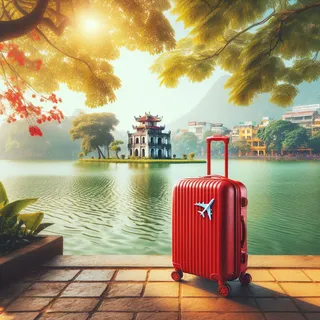 Изображение красного туристического чемодана на колесиках на фоне живописного озера Хоан Кием, находящегося в сердце Ханоя, Вьетнам. День солнечный, вода озера спокойно колышется на ветру. Вокруг чемодана зелёные деревья и традиционные вьетнамские пагоды, что добавляет ещё больше атмосферы тепла и величия этого места.