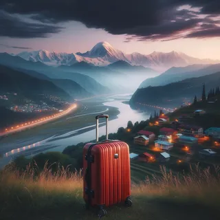 Грузинский пейзаж с красным туристическим чемоданом на колесиках в центре, вечер, и вид на Кавказские горы