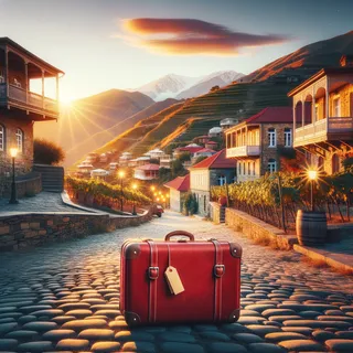 Повернутый красный туристический чемодан на каменной мостовой древнего горного города, залитого вечерним солнцем, в окружении виноградников и красивой архитектуры грузинских домов