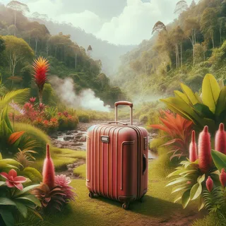 Большой красный туристический чемодан стоит на тропической поляне Борнео, окруженный густым тропическим лесом и экзотическими цветами, близко к горячим источникам и уникальным природным ландшафтам, в очень реалистичном кинематографическом стиле