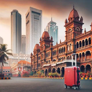 Фотография исторических зданий Ченнаи со старыми кирпичными фасадами и современными небоскребами на заднем плане, красный туристический чемодан на колесиках стоит на переднем плане