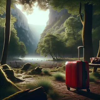 реалистичный кинематографический стиль, природный заповедник Сербии, красный туристический чемодан на колесиках, без людей