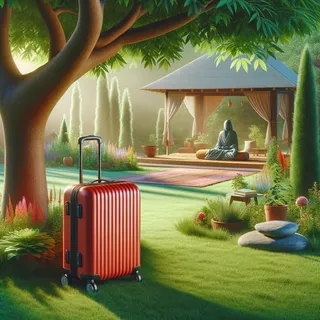 Красный туристический чемодан на колесиках стоит на яркой зелёной лужайке под деревом, на фоне виднеются части шатра для медитаций и йоги, вокруг расположен аккуратный сад с цветами и травами, атмосфера спокойствия и гармонии, реалистичное изображение в кинематографическом стиле. 