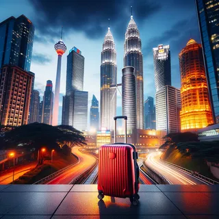 Красный туристический чемодан на колесиках стоит среди современных небоскребов Куала-Лумпур на фоне вечернего неба с яркими огнями города