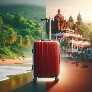 Изображение (не иллюстрация) только в очень реалистичном кинематографическом стиле. На изображении должен присутстовать красный туристический чемодан на колесиках. На изображении не должно быть людей.. Тема изображения: Разница между Южным и Северным Гоа, Индия