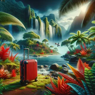 Тропический остров с красным туристическим чемоданом на колесиках, мирно стоящим среди экзотических растений, с водопадами на заднем плане, в кинематографическом стиле