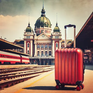 Фотография красного туристического чемодана на колесиках на фоне железнодорожного вокзала в Нови-Саде