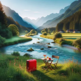 Река, окруженная горами, рядом столик под что-то вкусное, на траве красный чемодан
